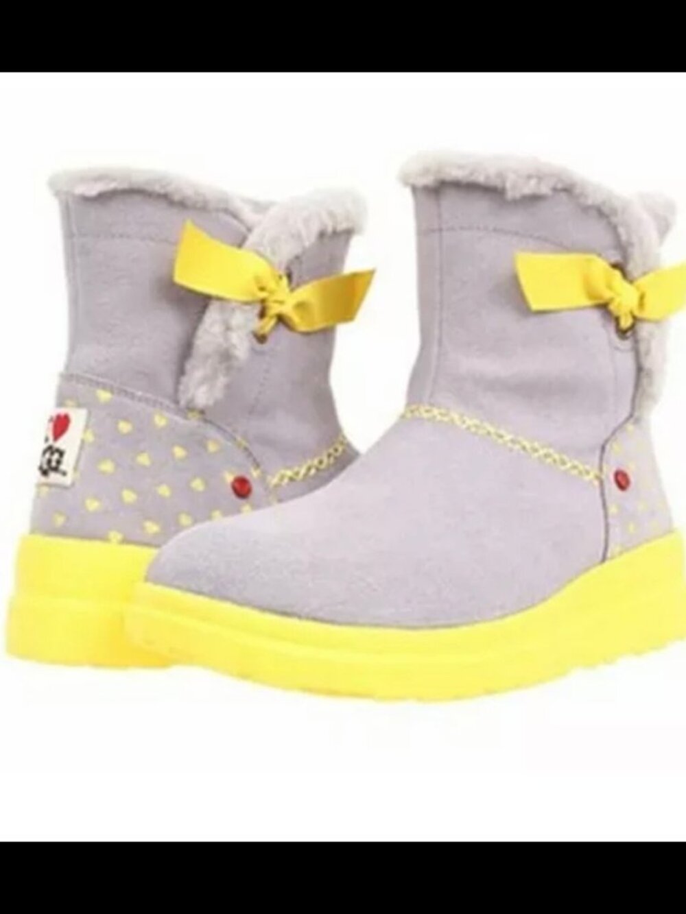UGG Women's Knotty Moonstone Hearts Suede Gray Yellow Bow Boot Size 9